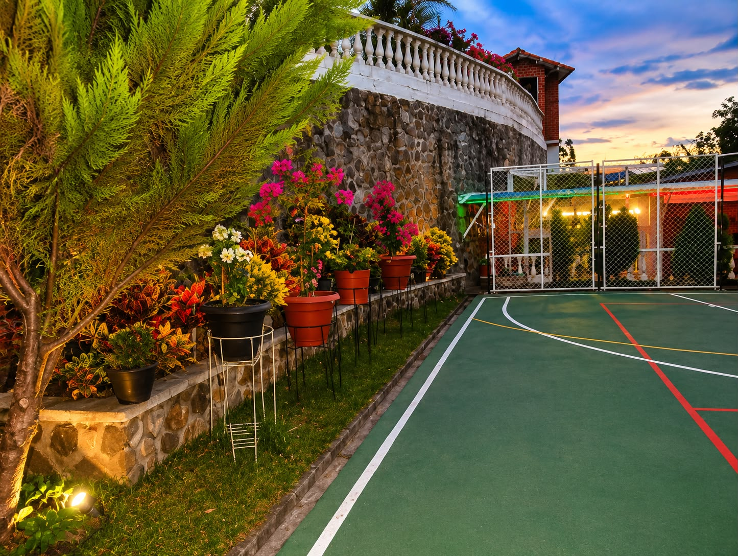 Sendero de flores junto a la cancha al atardecer